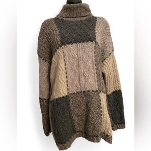Jones New York women’s 90s patchwork chunky hand knit turtleneck wool sweater